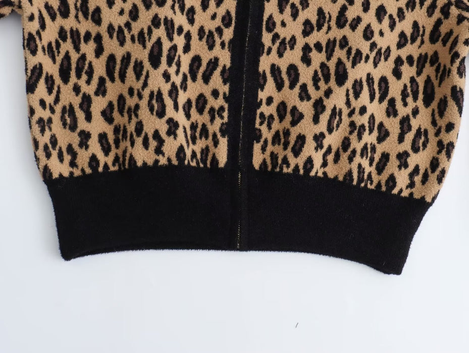 Color-Women Clothing Leopard Jacquard Large Collared Zipper Knitted Cardigan Coat-Fancey Boutique