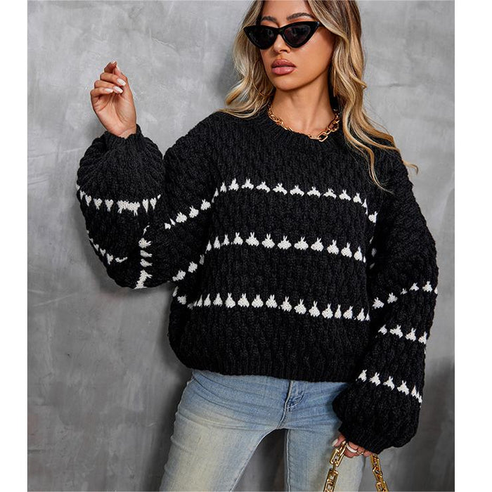 Color-Striped Round Neck Pullover Thick Needle Sweater Women Loose Lazy Autumn Winter Long Sleeve Sweater Outerwear Top Trendy-Fancey Boutique