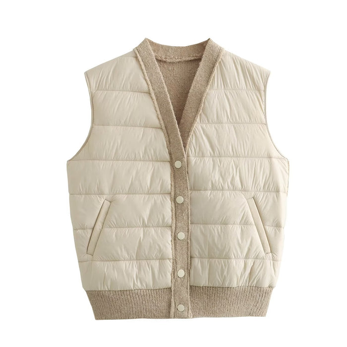 Color-Fall Women Clothing Quilted V neck Patchwork Sleeveless Waistcoat Vest-Fancey Boutique