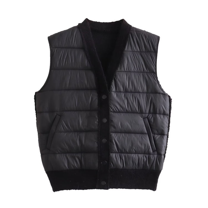 Color-Fall Women Clothing Quilted V neck Patchwork Sleeveless Waistcoat Vest-Fancey Boutique