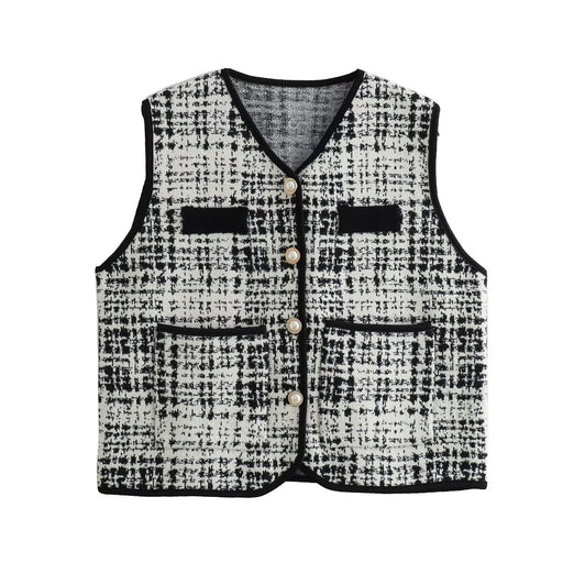 Color-Gray-Women Clothing French Plaid Edging V neck Buttons Decoration Sleeveless Knit Vest Vest-Fancey Boutique