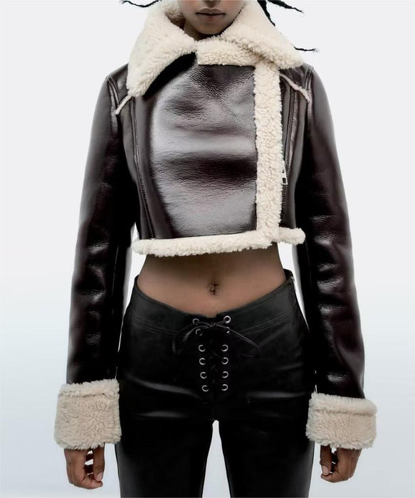 Color-Retro High Waist Short Leather Jacket Top Women Winter Fleece Lined Thickened Niche Sexy Long Sleeve Coat-Fancey Boutique