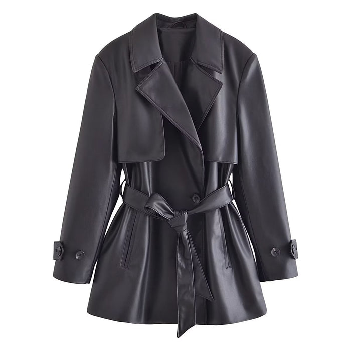 Color-Retro Lapels Faux Leather Mid Length Trench Coat Personality Women Clothing Autumn Belt Lace up Coat-Fancey Boutique