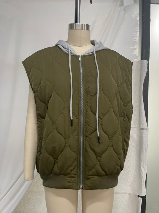 Color-Ladies Autumn Winter Vest Quilted Cotton Solid Color Loose Thick Hooded Zipper Storage Cotton Jacket-Fancey Boutique