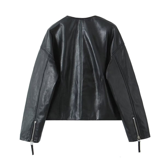 Color-Fall Women Clothing round Neck Leather Pocket Jacket Jacket-Fancey Boutique