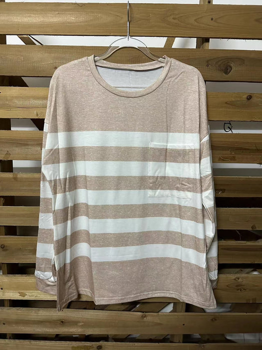 Color-Autumn Striped Fleece Shirt Women round Neck Loose Women Sweater-Fancey Boutique