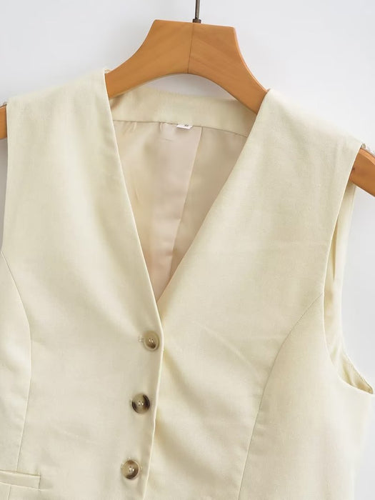 Color-Autumn Women Clothing Street Linen Blended Vest Shorts Suit-Fancey Boutique