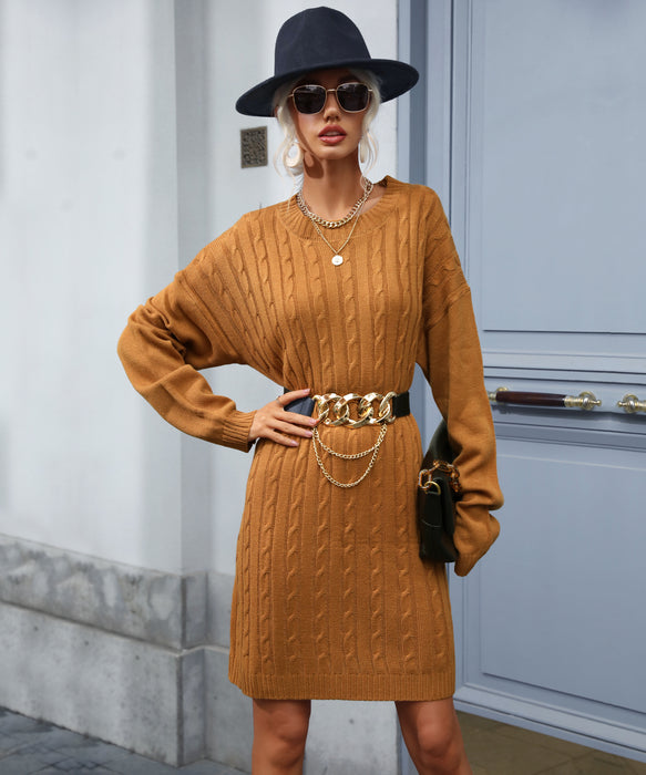 Color-Women Clothing Autumn Winter Retro Twist Woolen Dresses-Fancey Boutique