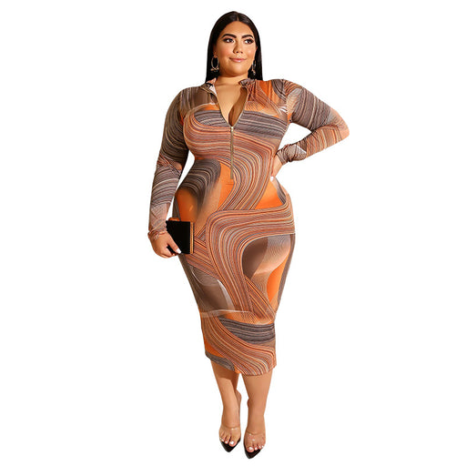 Color-Plus Size Printed Skinny Sheath Zipper Front Back Wearable Dress-Fancey Boutique