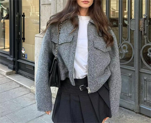 Color-Women Autumn Winter Polo Collar Pocket Casual Zipper Soft Tweed Jacket Coat-Fancey Boutique