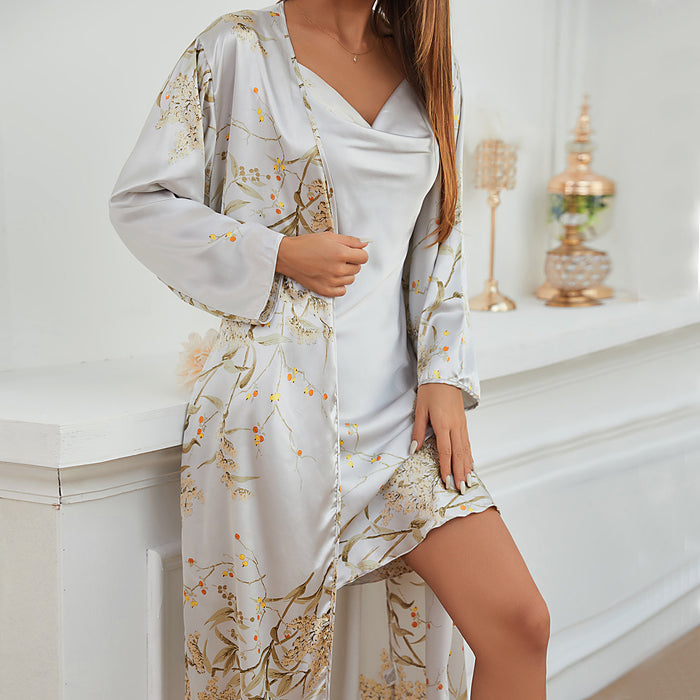 Color-Simple Women Four Seasons Home Wear Lace Up Nightgown Nightdress Two Piece Thin Outer Wear Mid Length Pajamas Suit-Fancey Boutique