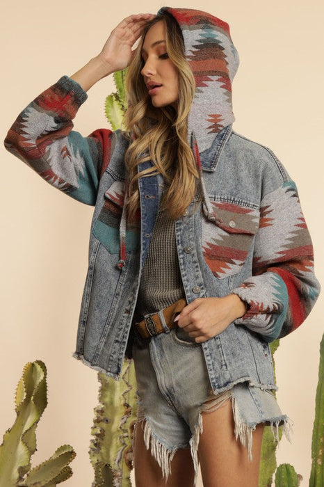 Color-Western Ethnic Aztec Woolen Patchwork Denim Hooded Jacket Old-Fancey Boutique