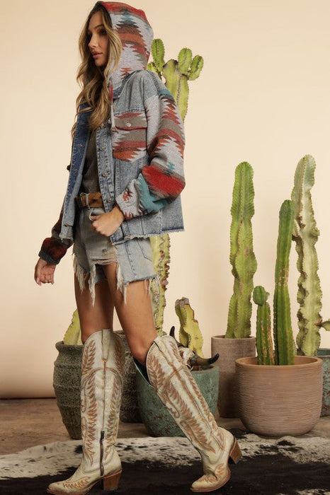 Color-Western Ethnic Aztec Woolen Patchwork Denim Hooded Jacket Old-Fancey Boutique