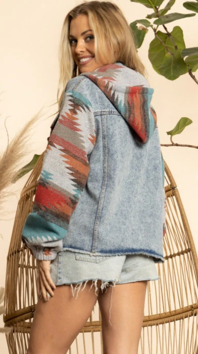 Color-Western Ethnic Aztec Woolen Patchwork Denim Hooded Jacket Old-Fancey Boutique
