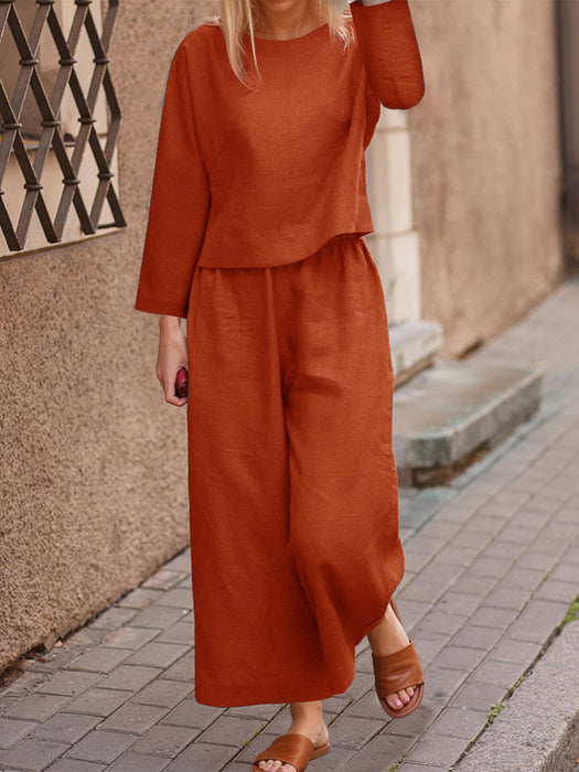 Color-Casual Loose Solid Color Shirt Long Sleeve Trousers Two Piece Set-Fancey Boutique