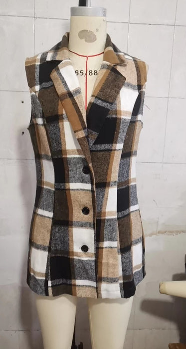 Color-Spring Autumn Winter Women Top Polo Collar Single Breasted Vest Plaid Coat-Fancey Boutique