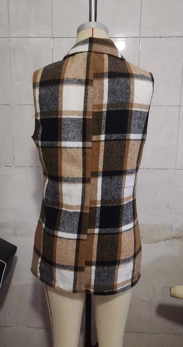 Color-Spring Autumn Winter Women Top Polo Collar Single Breasted Vest Plaid Coat-Fancey Boutique