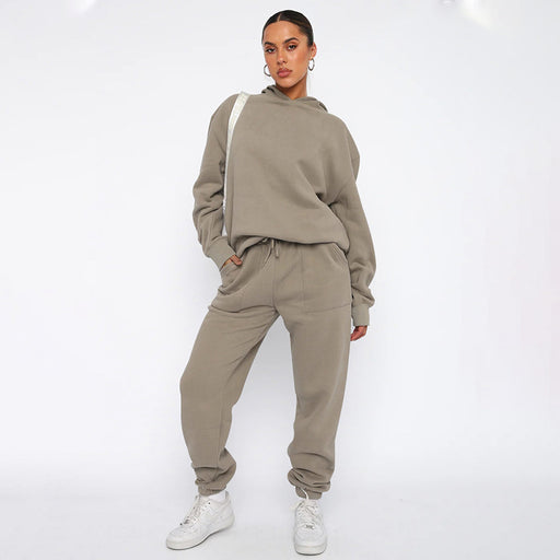 Color-Autumn Winter Solid Color Hooded Long Sleeve Sweater Women Clothing Casual Trousers Suit-Fancey Boutique