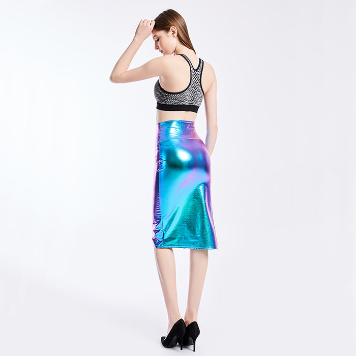 Color-Metallic Coated Fabric Coated Fabric Hip Skirt All Match Tutu Split Mid Skirt Sexy One Step Skirt Summer-Fancey Boutique