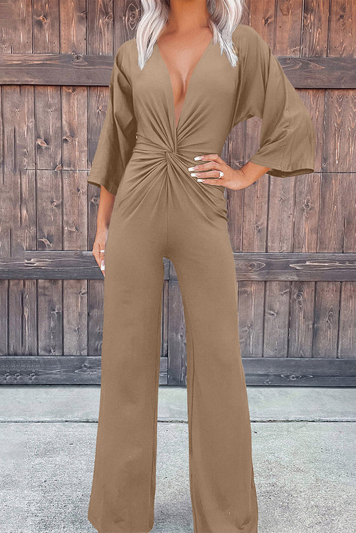 Color-Sexy Deep V Plunge neck Pleated Wide Leg Pants Women Summer Solid Color Straight Jumpsuit Women Direct-Fancey Boutique