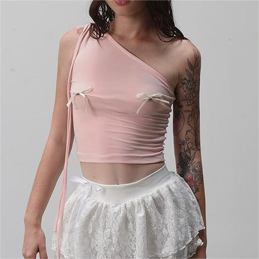 Color-Sweet Spicy Pink Shoulder Lace up Three Dimensional Bow Pink Short Top Women Summer-Fancey Boutique