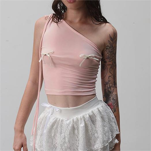 Color-Sweet Spicy Pink Shoulder Lace up Three Dimensional Bow Pink Short Top Women Summer-Fancey Boutique