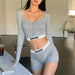 Color-Women Clothing Sexy Tight Long Sleeves Cropped shirt Top High Waist Shorts Sports Two Piece Seit-Fancey Boutique