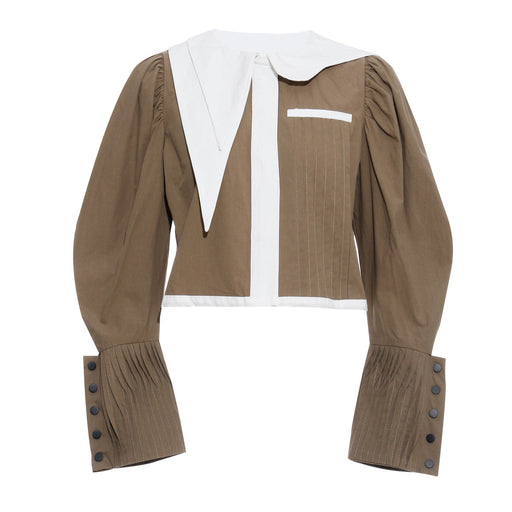Color-Khaki-Autumn Winter French Minority Design Asymmetric Color Effect Collar Gigot Sleeve Short Shirt Jacket-Fancey Boutique