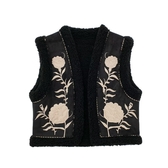 Color-Autumn Winter Women Slim Fit Machine Embroidery Double Sided Vest Short Vest-Fancey Boutique