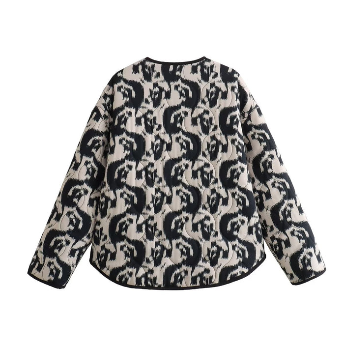 Color-Autumn Winter Collarless Animal Print Loose Cotton Coat Jacket Coat Women-Fancey Boutique