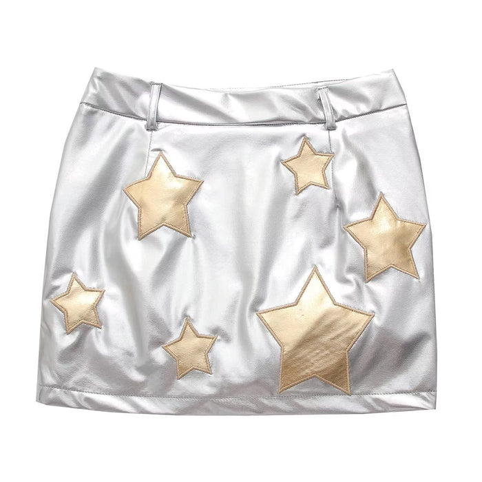 Color-Metallic Coated Fabric Five Pointed Star Decorative Design Skirt Elegant Faux Leather High Waist Skirt Fresh Western A Line Skirt Women-Fancey Boutique