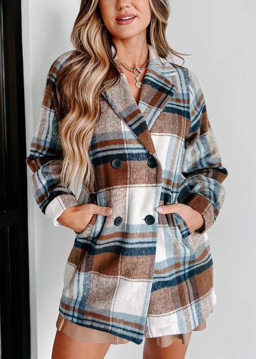 Color-Ladies Autumn Winter Woolen Coat Brushed Plaid Collared Multi Button Double Pocket Mid Length Jacket-Fancey Boutique