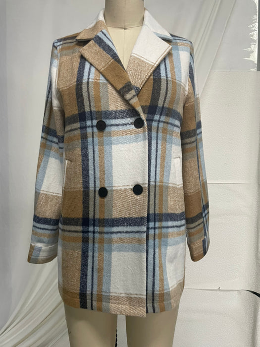 Color-Ladies Autumn Winter Woolen Coat Brushed Plaid Collared Multi Button Double Pocket Mid Length Jacket-Fancey Boutique