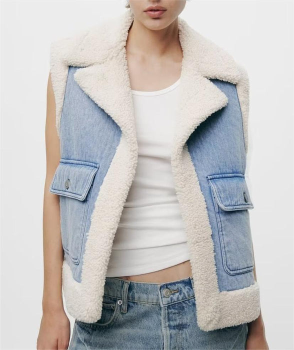 Color-Winter Loose Sleeveless Denim Worn Looking Washed out Lamb Wool Vest Jacket Coat Women-Fancey Boutique