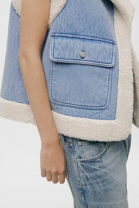 Color-Winter Loose Sleeveless Denim Worn Looking Washed out Lamb Wool Vest Jacket Coat Women-Fancey Boutique