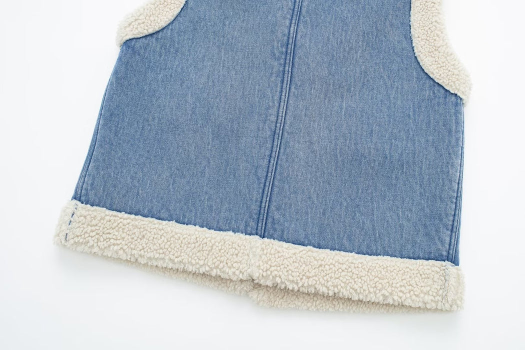 Color-Winter Loose Sleeveless Denim Worn Looking Washed out Lamb Wool Vest Jacket Coat Women-Fancey Boutique