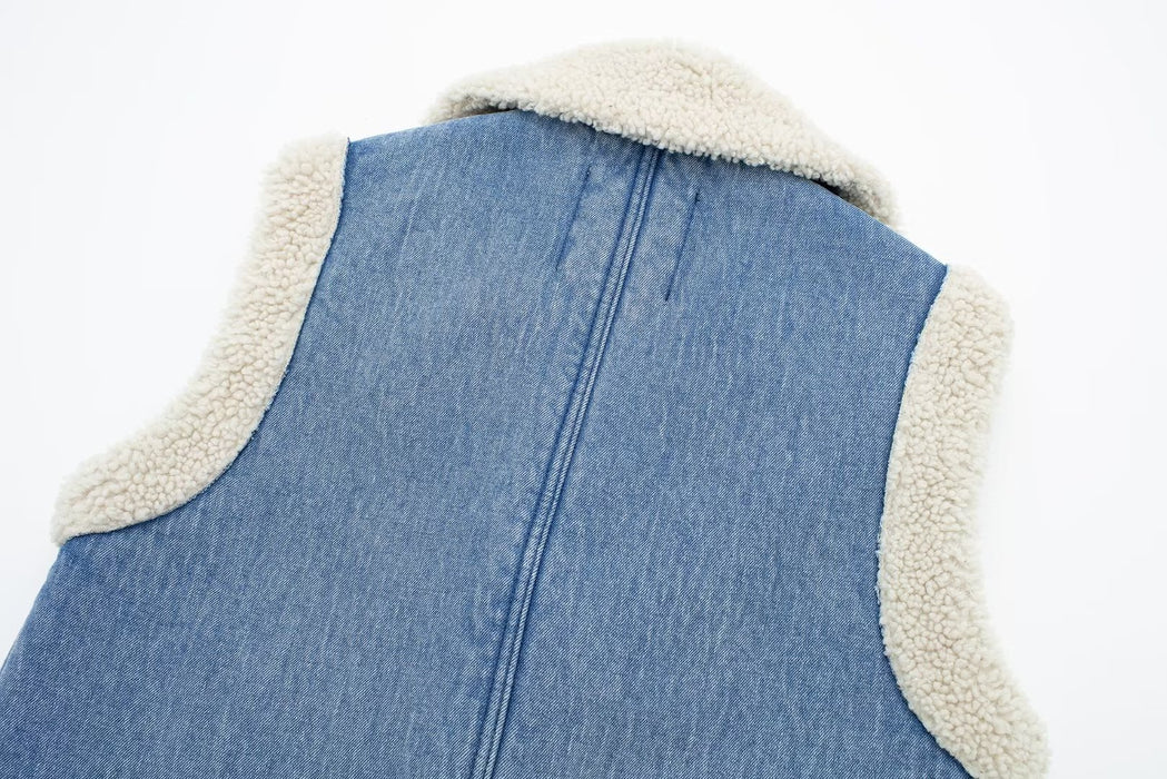 Color-Winter Loose Sleeveless Denim Worn Looking Washed out Lamb Wool Vest Jacket Coat Women-Fancey Boutique