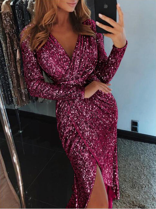 Color-Women Gilding Long Sleeve V Neck Shiny Dress Dinner Sexy Dress-Fancey Boutique