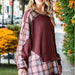 Color-Ladies Autumn Top Cotton Waffle Plaid Stitching Washed Frayed Hem Design Loose Sweater-Fancey Boutique