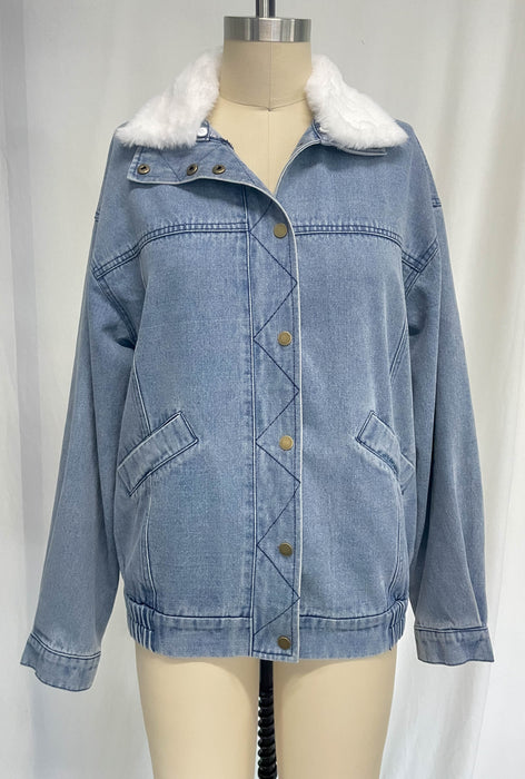 Color-Ladies Fall Winter Jacket Denim Cotton Loose Fur Collar Large Collared Double Pocket Polo Line Coat-Fancey Boutique