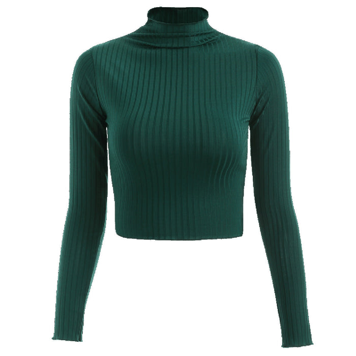 Color-Green-Autumn Winter Half-High Collar Solid Color Long-Sleeved Knitted T- Slim-Fit Women Cropped Top Sweater-Fancey Boutique