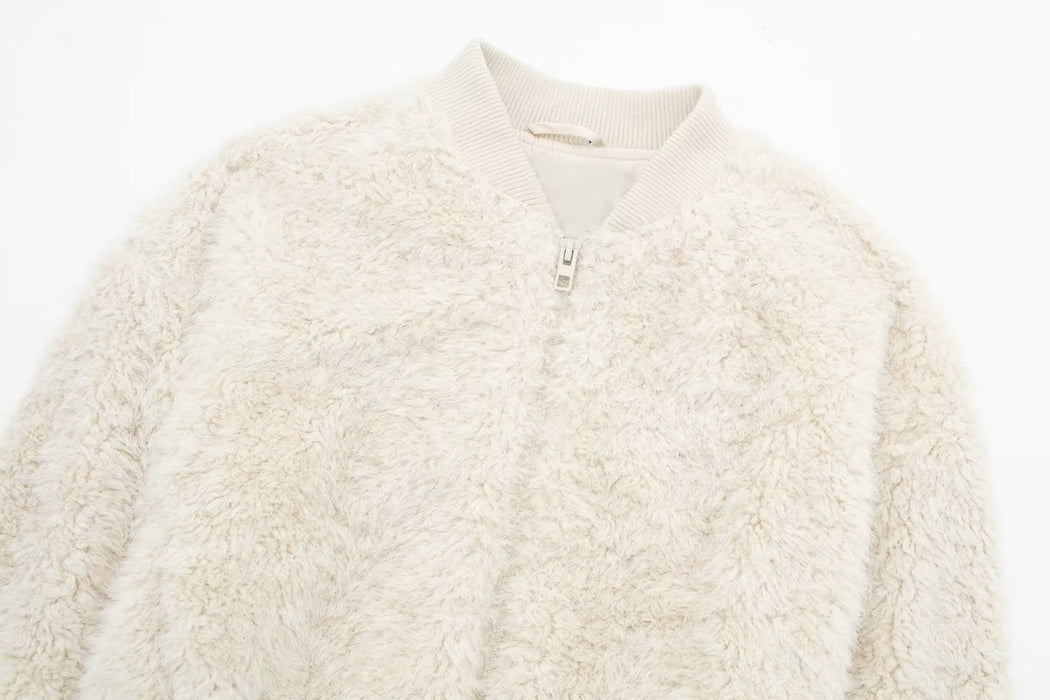 Color-Autumn Winter Faux Fur Effect Fleece Short Bomber Jacket Coat Women-Fancey Boutique