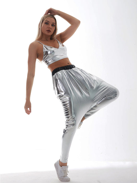 Color-Metallic Coated Fabric Saggy Pants Street Harem Pants Loose All Match Baggy Pants-Fancey Boutique