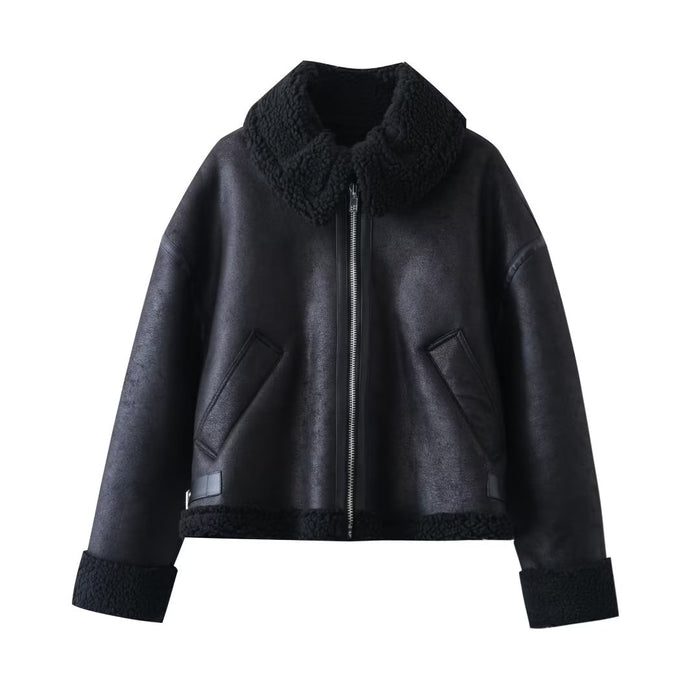 Color-Women Clothing Winter Windproof Warm Thickened Faux Shearling Jacket Motorcycle Double Sided Jacket-Fancey Boutique