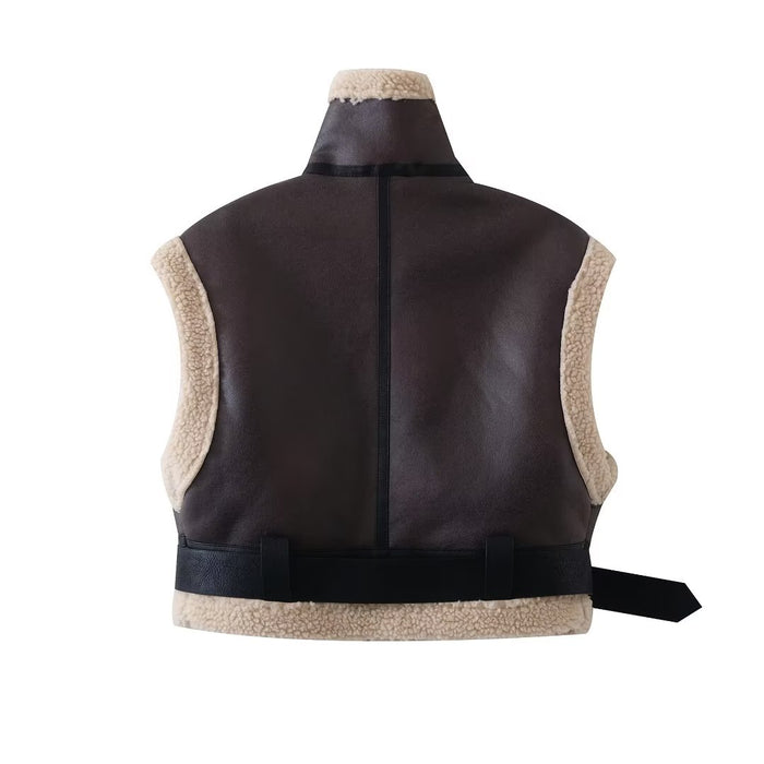 Color-Women Double Sided Short Chic Faux Shearling Jacket Personality Vest Vest Coat Stand Collar Short-Fancey Boutique