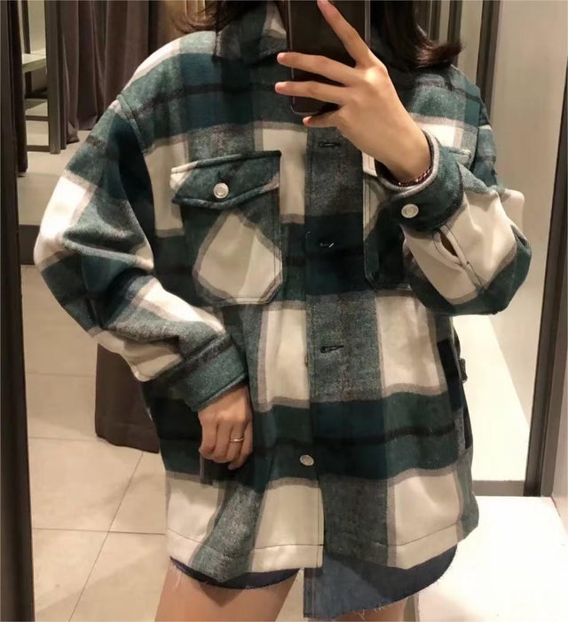 Color-Women Plaid Shirt Soft Woolen Coat Sweet Casual Autumn Winter Women Top-Fancey Boutique