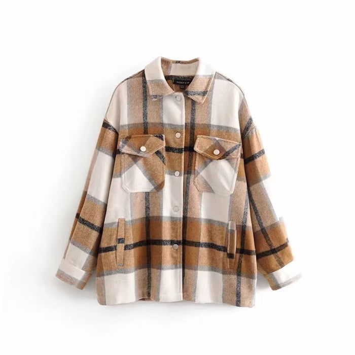 Color-Women Plaid Shirt Soft Woolen Coat Sweet Casual Autumn Winter Women Top-Fancey Boutique