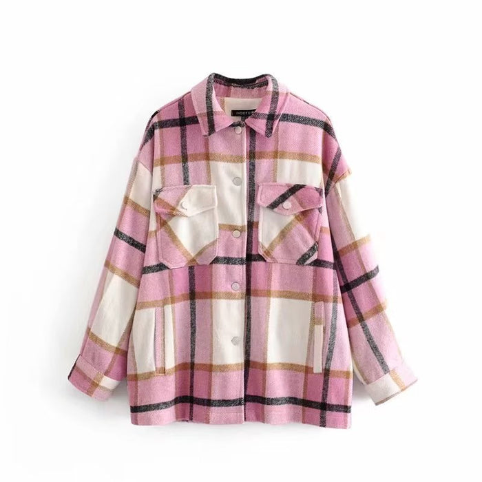 Color-Women Plaid Shirt Soft Woolen Coat Sweet Casual Autumn Winter Women Top-Fancey Boutique