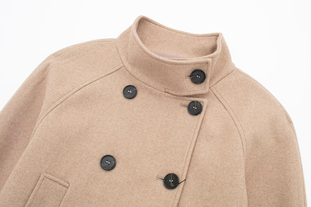 Color-Autumn Women Clothing Double Breasted Woolen Khaki Short Overcoat Jacket-Fancey Boutique