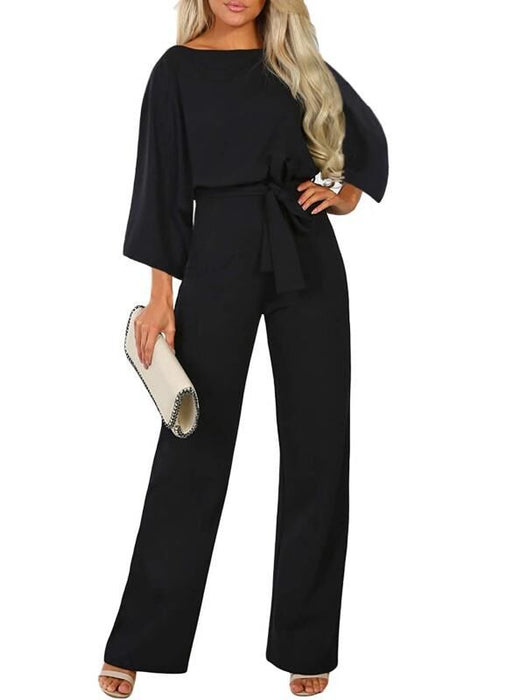 Color-Black-Fall Winter Batwing Long Sleeve Lace Up Women One Piece Trousers-Fancey Boutique